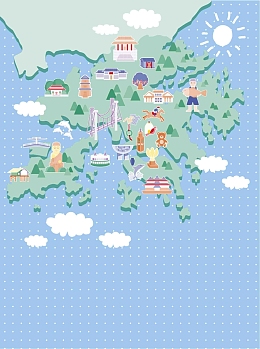 手绘矢量旅游香港景点蓝色大海地图海报背景