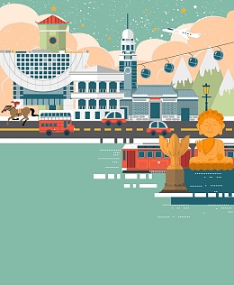 手绘矢量旅游香港景点地图大海蓝海报背景