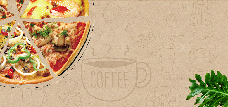 517美食节披萨咖啡绿叶纹理背景