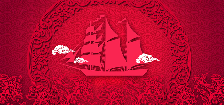 红色剪纸航船背景