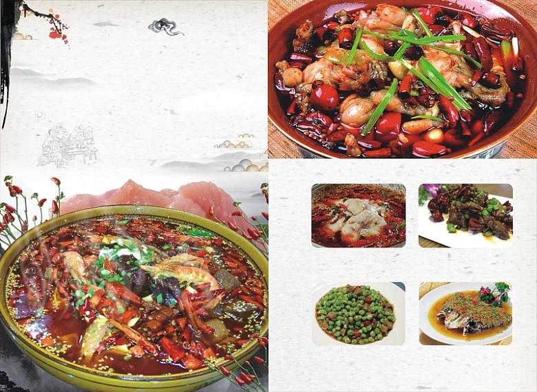 中国美食炒菜水墨风格元素菜单背景