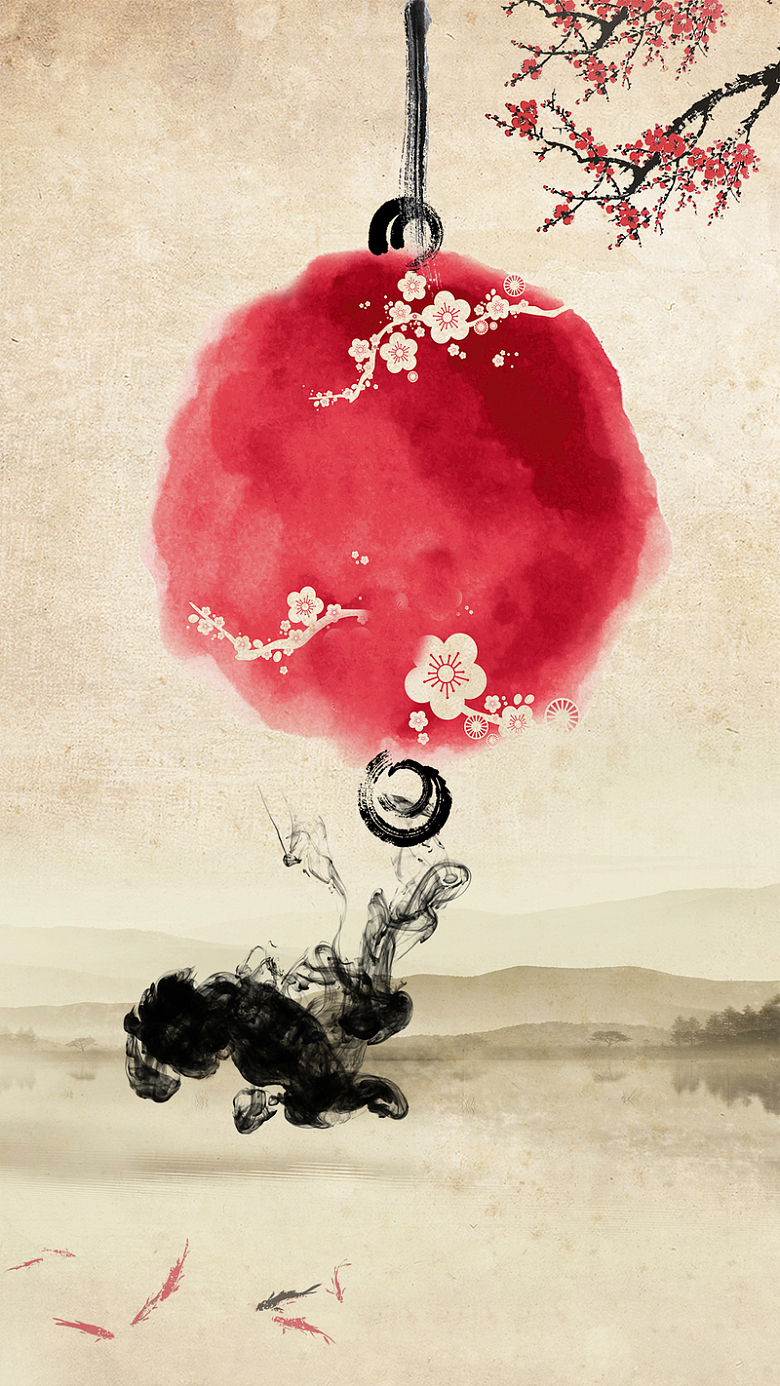 水墨中国风复古质感红色梅花