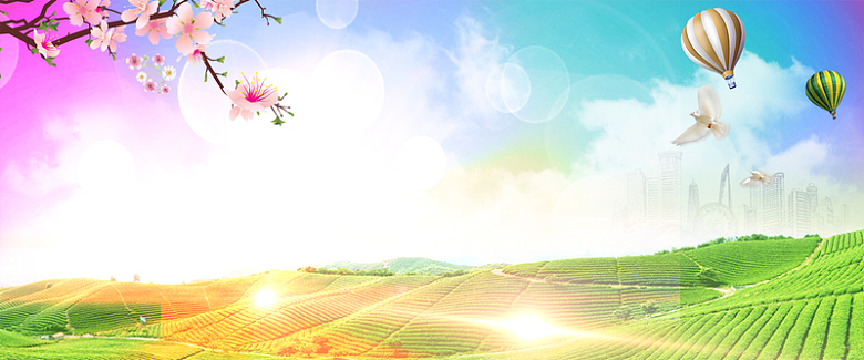 桃花气球田园天空浪漫阳光鸽子虚拟城市原野素材背景