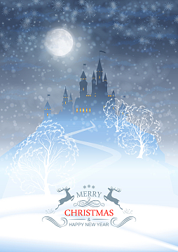 圣诞节城堡麋鹿深蓝色矢量背景图