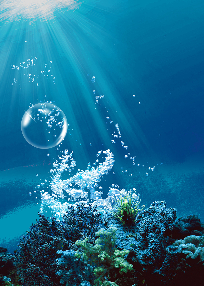 蓝色海洋海水气泡阳光摄影背景素材