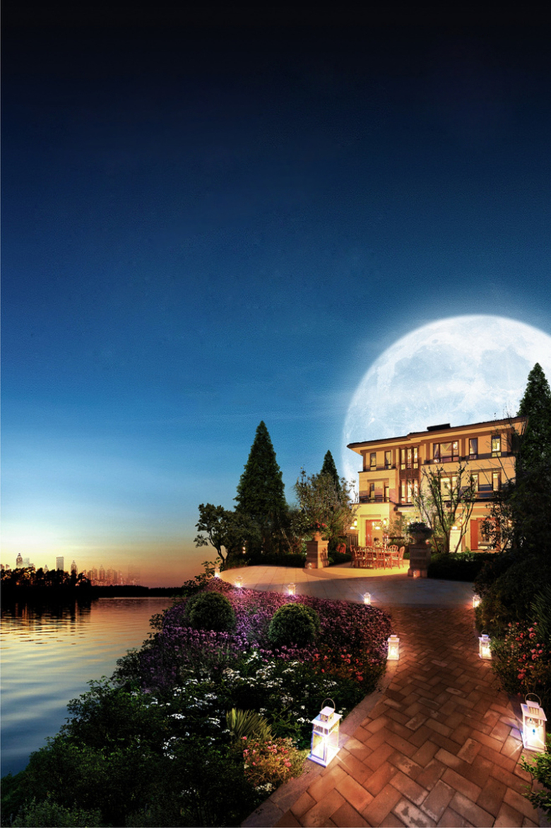唯美大气别墅月亮房地产海报背景素材
