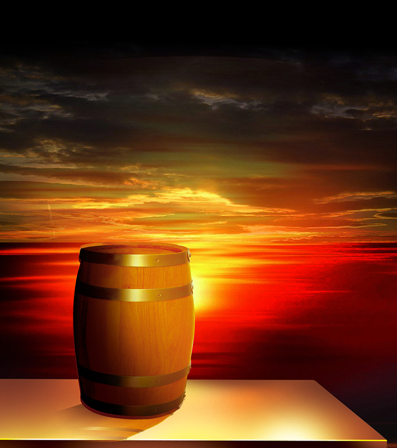 夕阳酒桶大气海报背景图红酒葡萄酒