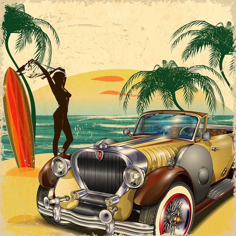 热带风情海滩冲浪棕榈树汽车背景素材