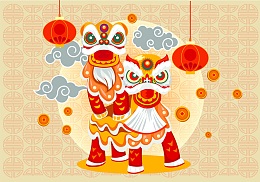 中国风新年舞狮节日海报贺卡手绘背景素材