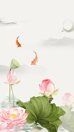 灰色中国风手绘荷花PSD分层H5背景素材