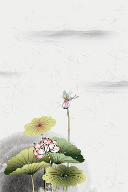 矢量古风工笔画水墨荷花背景