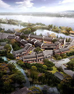 江边古城鸟瞰图背景素材