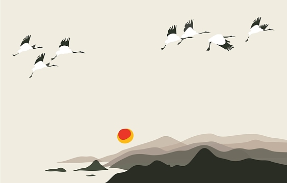矢量古风仙鹤日出背景素材