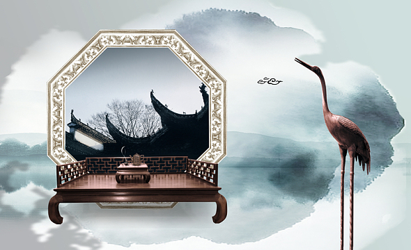 中国风水墨仙鹤红木家具海报背景素材
