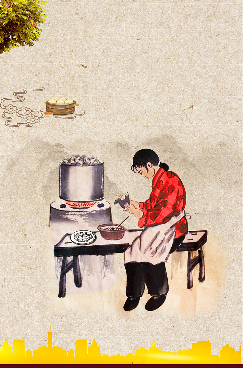 中国风手绘淳朴包饺子文化海报背景素材