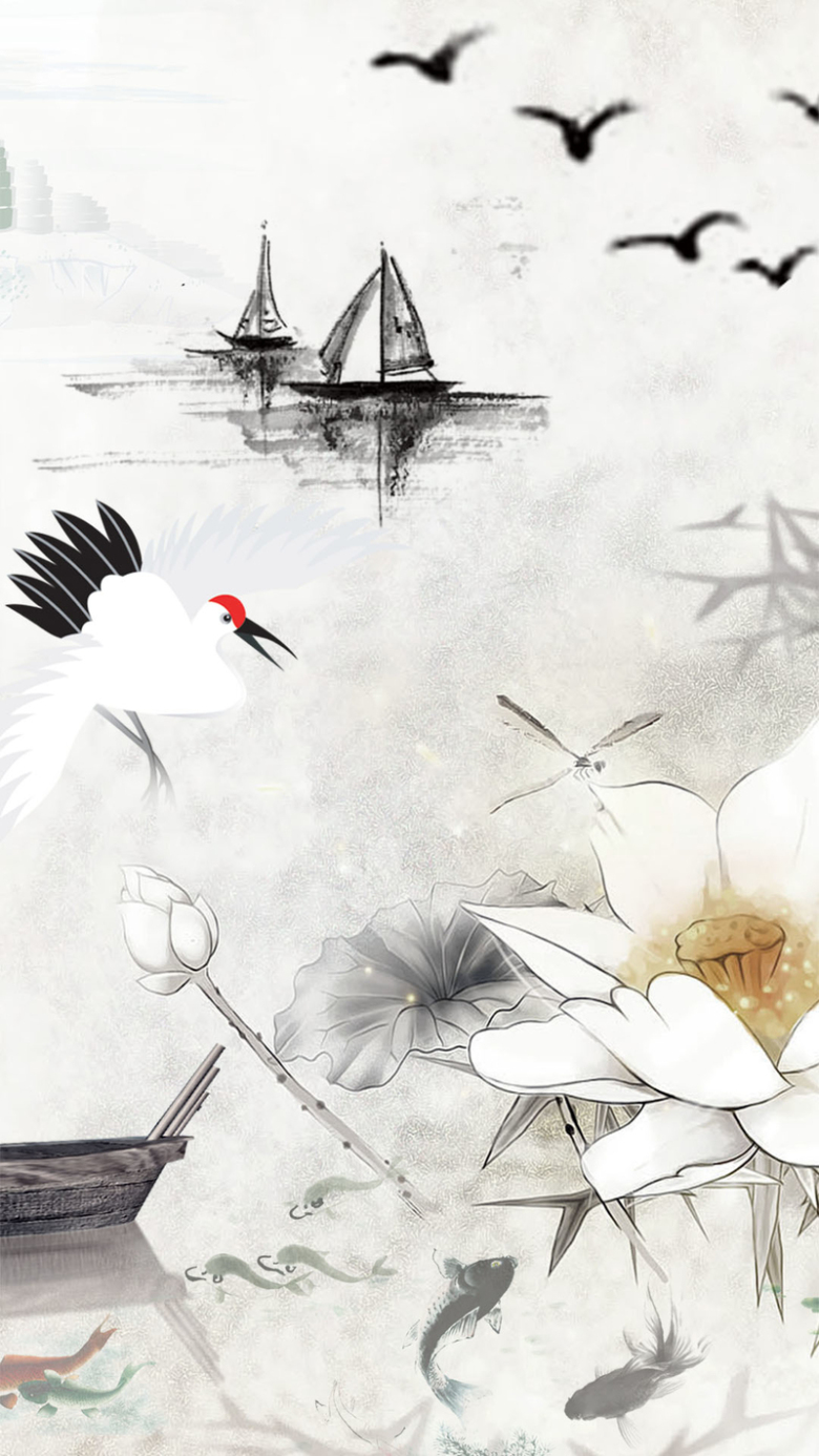 水墨仙鹤渔船h5背景