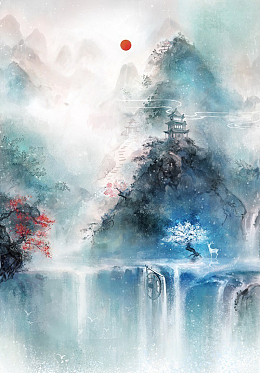 红日群山瀑布水墨画海报背景素材