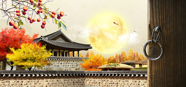 中国风金黄中秋月亮房屋瓦房红柿子枫树木门海报banner