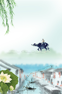 江南水墨牧童清明节海报背景素材