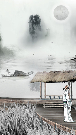 水墨李白江边背景素材