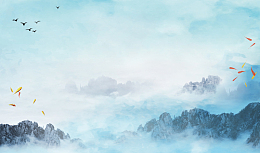 山水水墨画蓝色背景素材