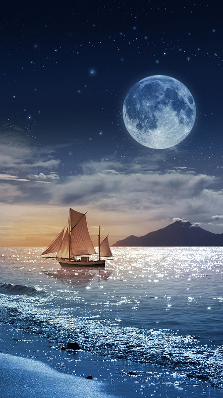 蓝天大海月亮风景手机端h5背景素材