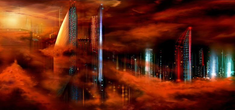 科幻红色烟雾城市建筑