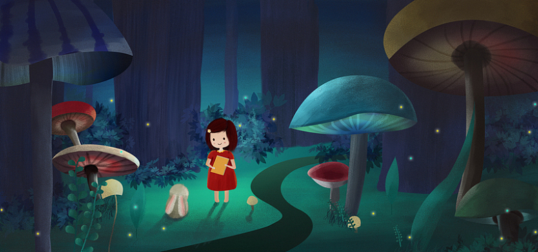 森林中抱着书的女孩