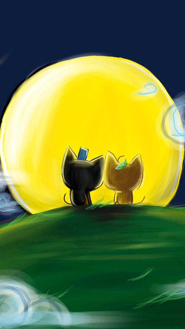 山坡上赏月的猫手绘H5背景
