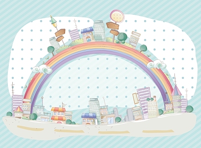 矢量卡通手绘儿童插画彩虹城市背景素材