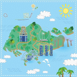 手绘矢量旅游新加坡景点地图圣淘沙海报背景