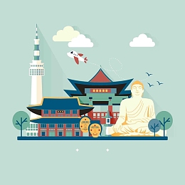 手绘矢量旅游韩国大佛佛像景点地图海报背景