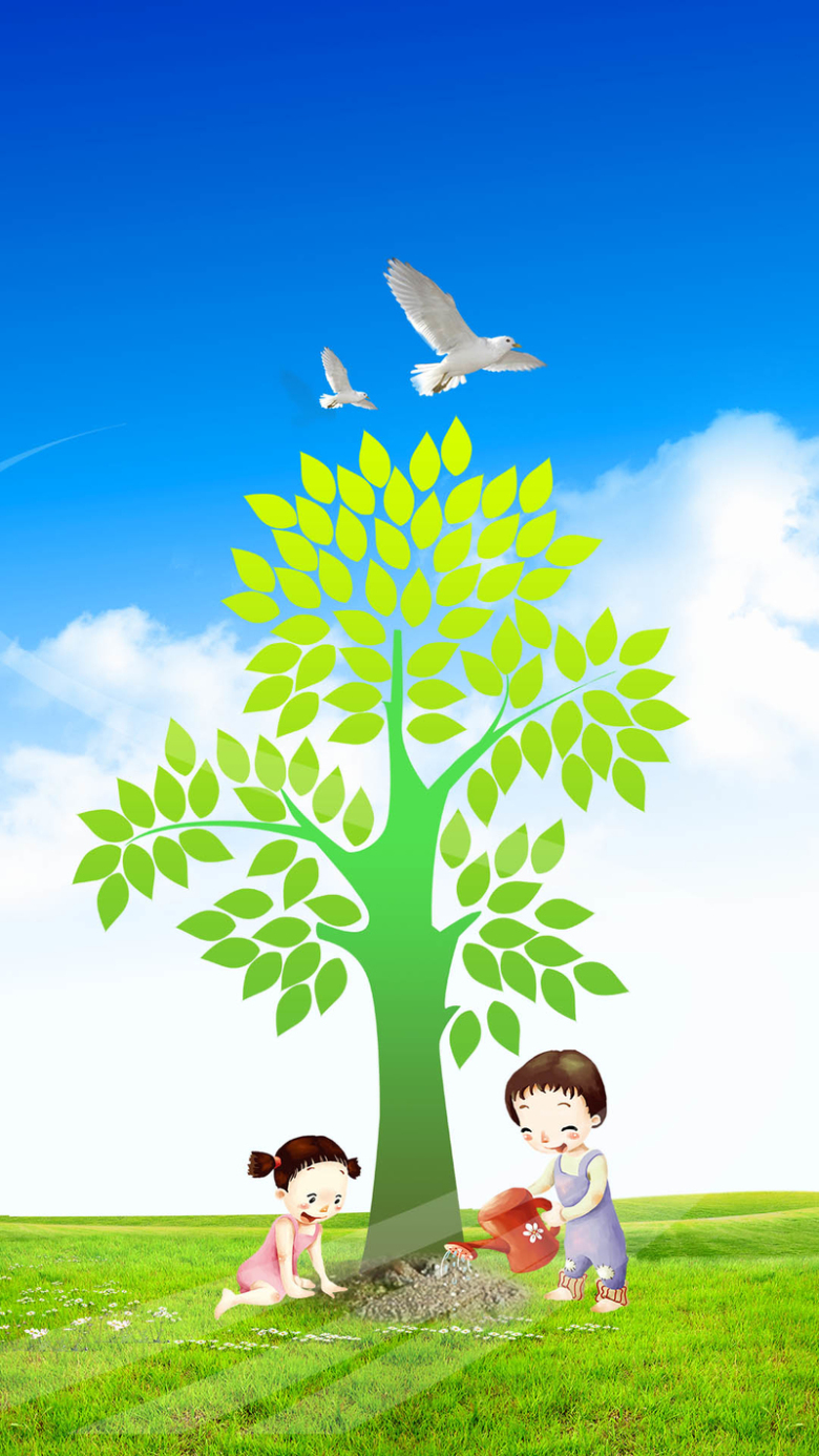 蓝色卡通植树节psd分层h5背景素材