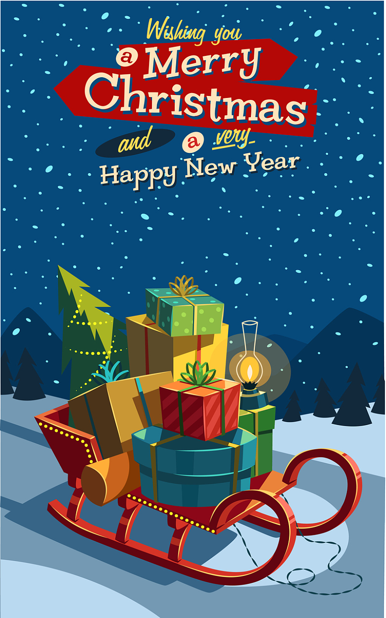 圣诞新年快乐礼物雪橇海报背景素材