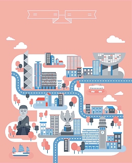 手绘矢量旅游香港景点地图粉色海报背景