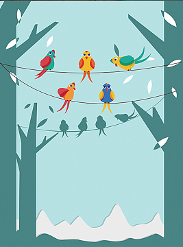 青色卡通树枝小鸟春天清明背景素材