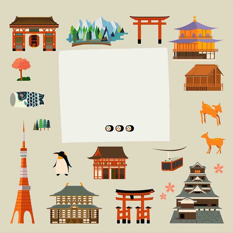 手绘矢量旅游日本景点本能寺奈良东京海报