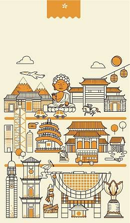 手绘矢量旅游香港景点太平山大佛海报背景