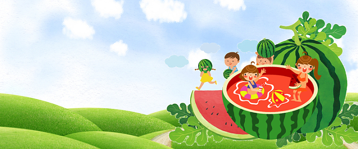 夏日吃西瓜卡通蓝天绿地背景