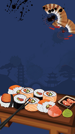 深蓝色卡通日本料理PSD分层H5背景素材