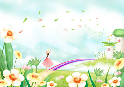 手绘幼儿园插画女孩彩虹桥花田