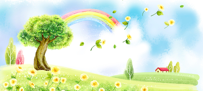 春天卡通手绘景色蓝色banner背景