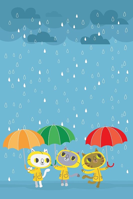 蓝色卡通下雨打伞的小孩可爱插画背景