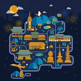 手绘矢量旅游韩国仁川首尔景点地图海报背景