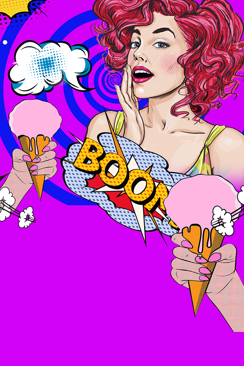 波普风红发女郎冰淇淋紫色创意卡通背景