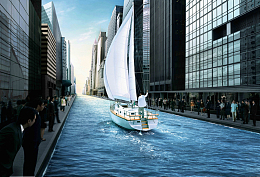 城市河流金融街背景