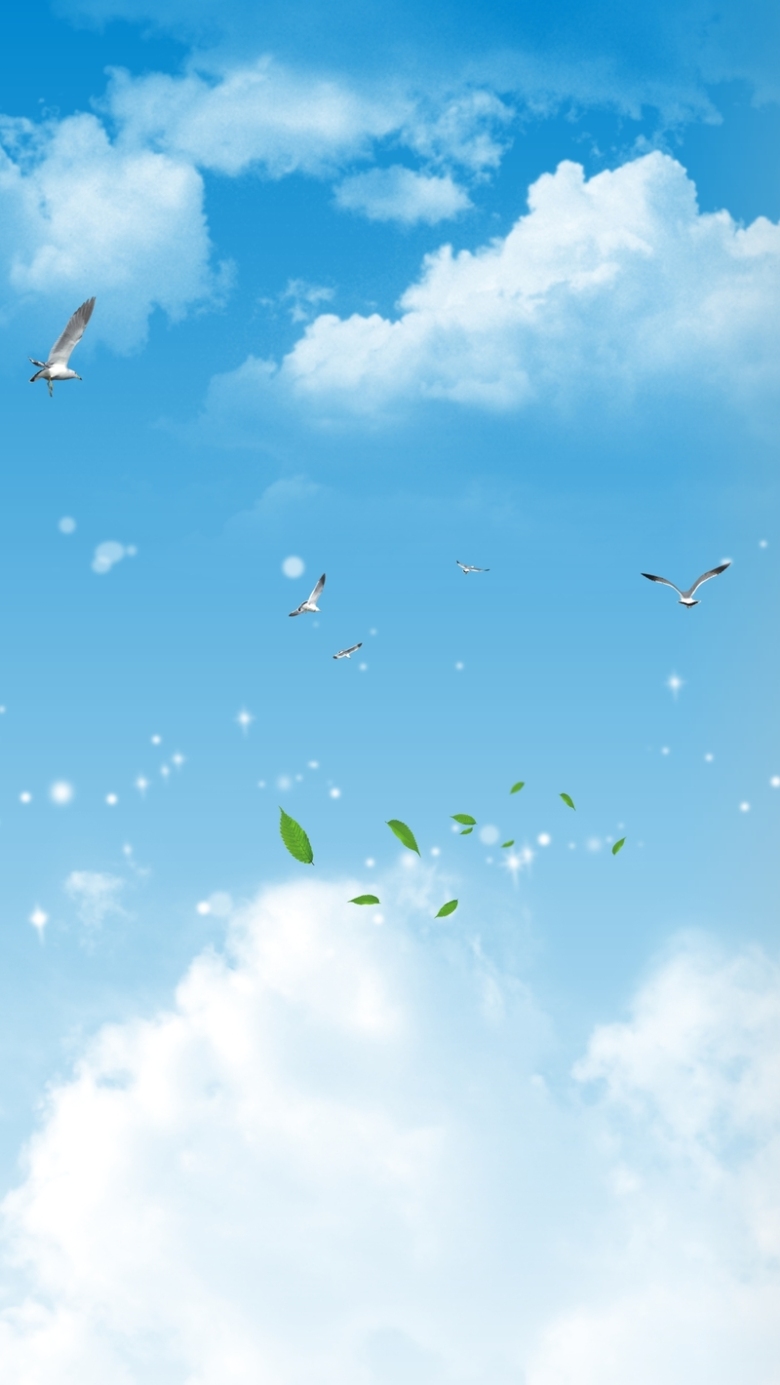 风景蓝色白云绿色树叶矢量h5背景素材