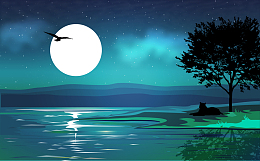 夜晚湖畔风景矢量背景素材