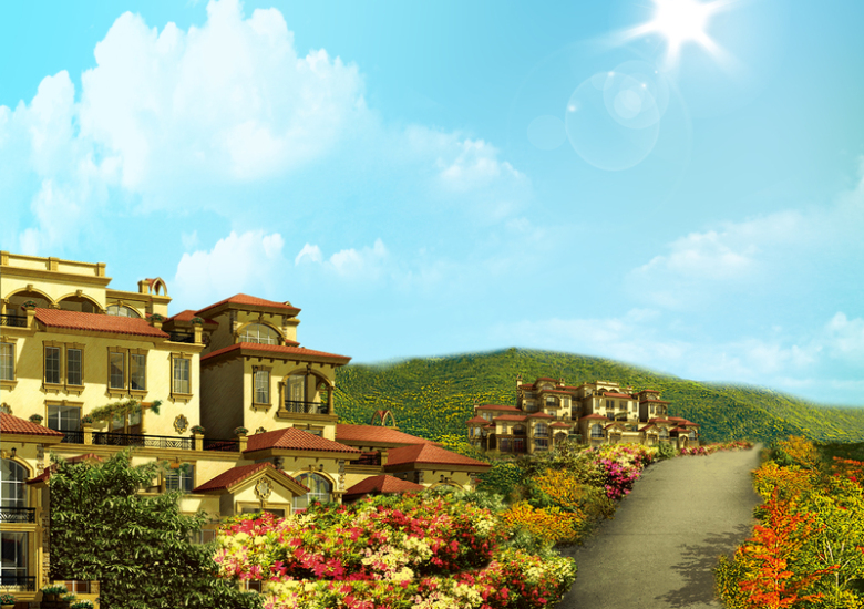 唯美蓝天别墅群地产海报背景模板