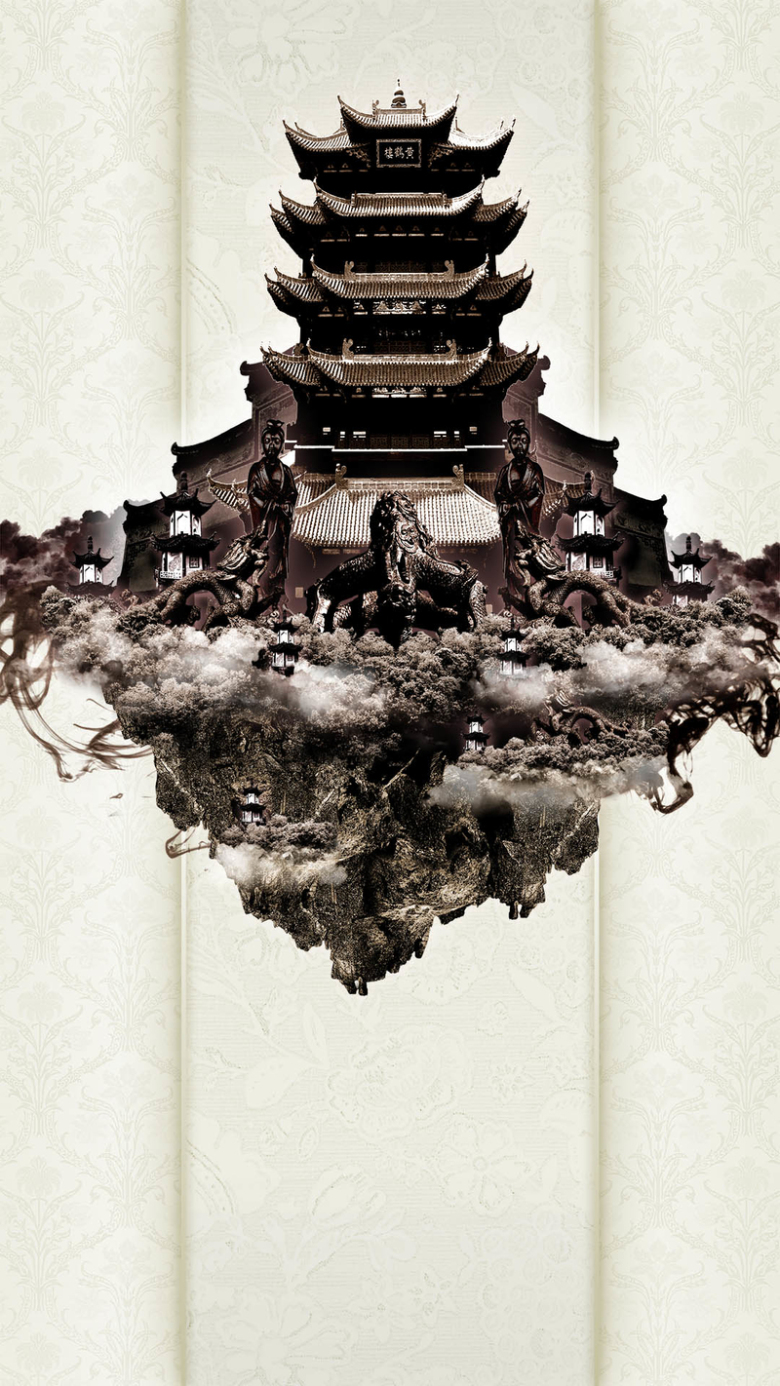 素色简约黄鹤楼建筑psd分层h5背景